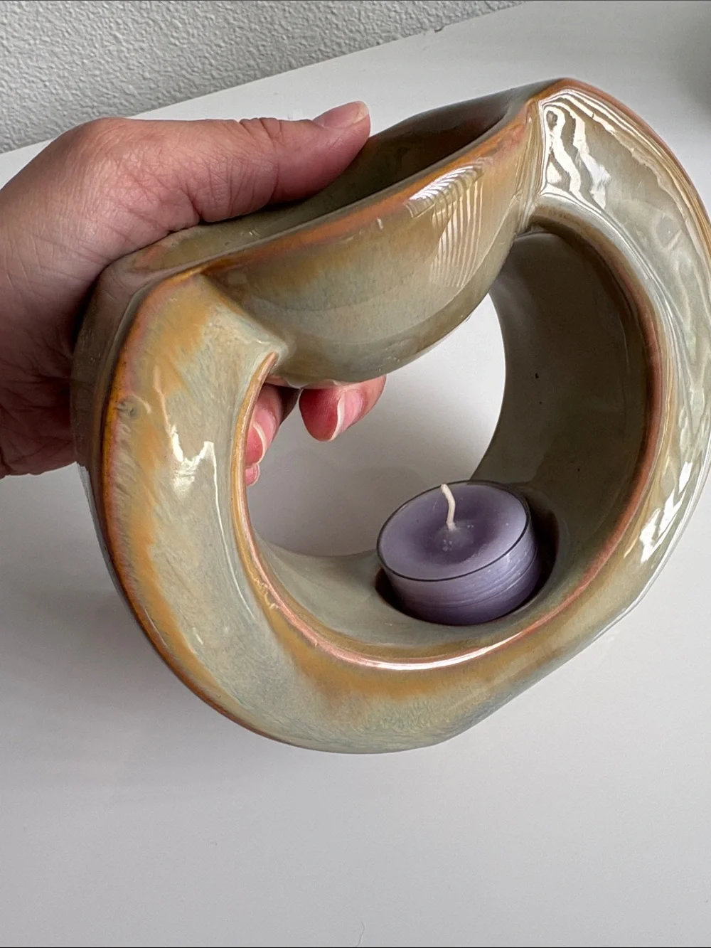 Ceramic Tea Light Oil Warmer in Green-Brown Glaze -PartyLite - Picture 4 of 5